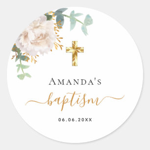 Sticker Rond Baptême eucalyptus vert croix d'or fleuri