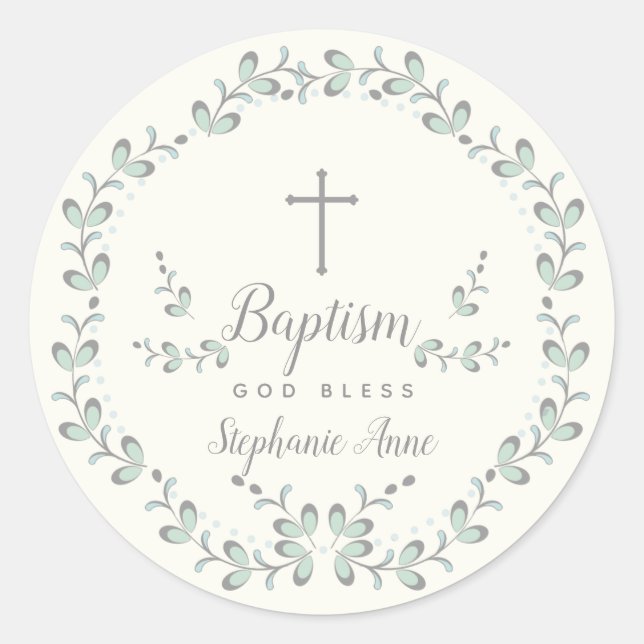 Sticker Rond Baptême Feuille bleue et verte (Devant)