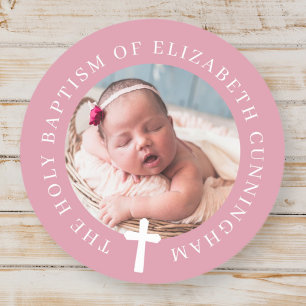 Sticker Rond Baptême fille Photo personnalisée et croix simpl