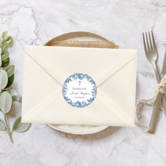 Sticker Rond Baptême Fleur Toile Bleue (Créateur téléchargé)