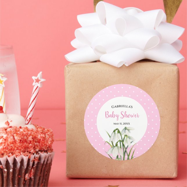 Sticker Rond Baptême Fleurs de neige blanches Petits pois roses (Fête)