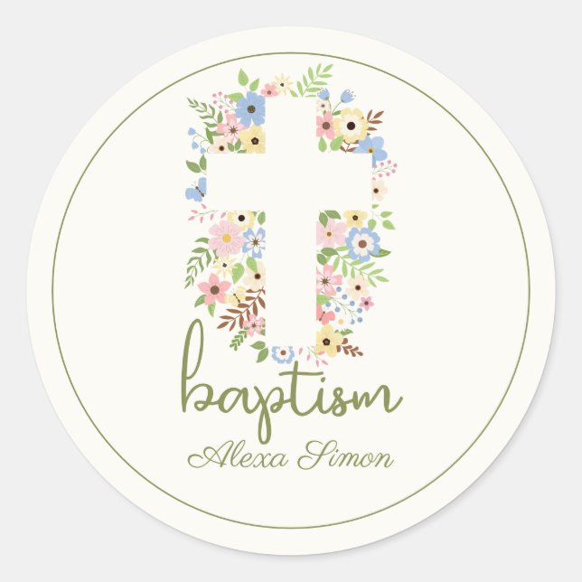 Sticker Rond Baptême Floral - Pastel Doux (Devant)