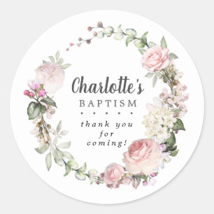 Sticker Rond Baptême Floral Rose RustiqueMerci