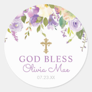 Sticker Rond Baptême Floral Violet Favoriser