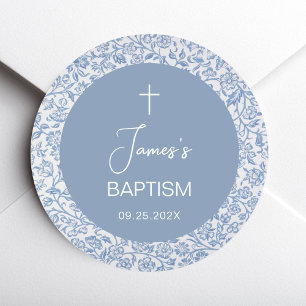Sticker Rond Baptême Garçon Bleu Blanc Motif Floral Christening