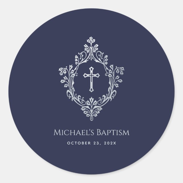 Sticker Rond Baptême Garçon Marine Bleu Faux Argent Crest Vinta (Devant)