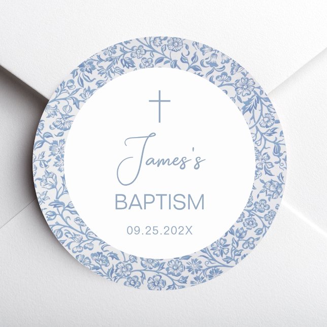 Sticker Rond Baptême garçon motif floral bleu blanc religieux (Créateur téléchargé)