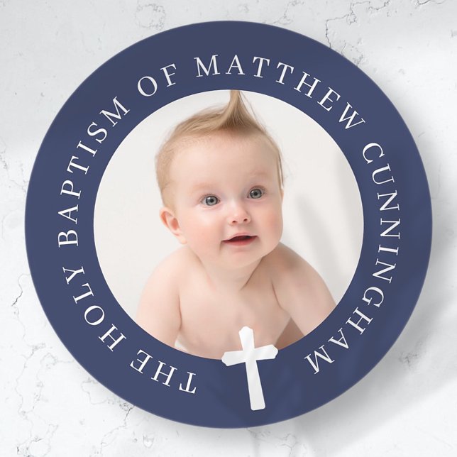 Sticker Rond Baptême Garçon | Photo personnalisée et croix simp (Créateur téléchargé)