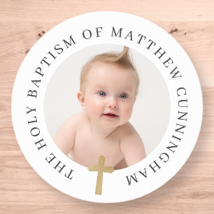 Sticker Rond Baptême Garçon Photo personnalisée et Croix simp
