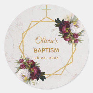 Sticker Rond Baptême Marbre Or Peonies Papillon Géométrique