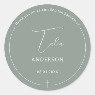 Sticker Rond Baptême minimaliste Sage croisé simple