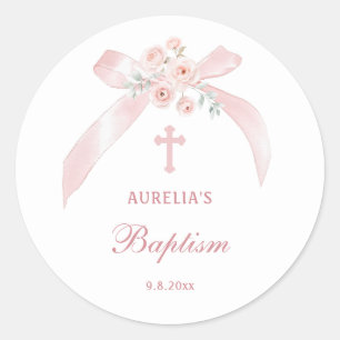 Sticker Rond Baptême Nœud Rose Floral