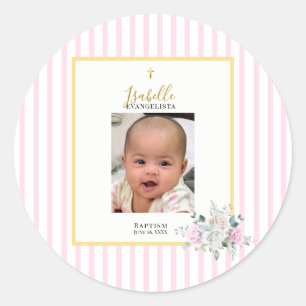 Sticker Rond Baptême photo élégant rose or