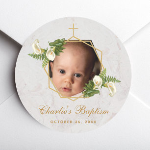 Sticker Rond Baptême Photo Fleurs Lys Calla Marbre Doré