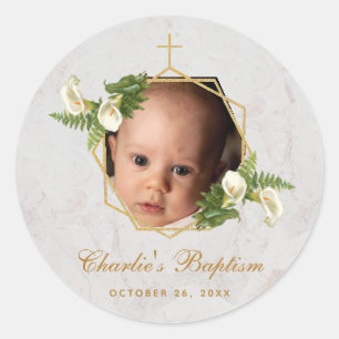 Sticker Rond Baptême Photo Floral Calla Lilies Marbre Or