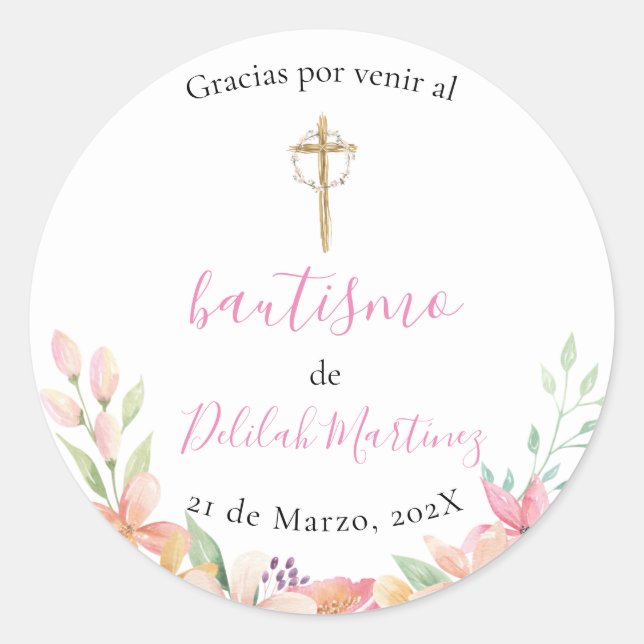 Sticker Rond Baptême rose (Devant)