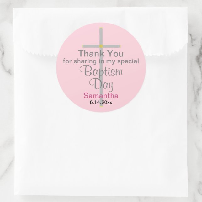 Sticker Rond Baptême rose fille Merci croisé argent (Sac)