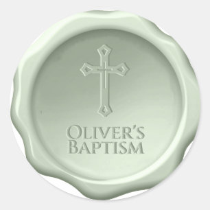 Sticker Rond Baptême Sage Cire Sceau Embossé Croix & Nom Vert