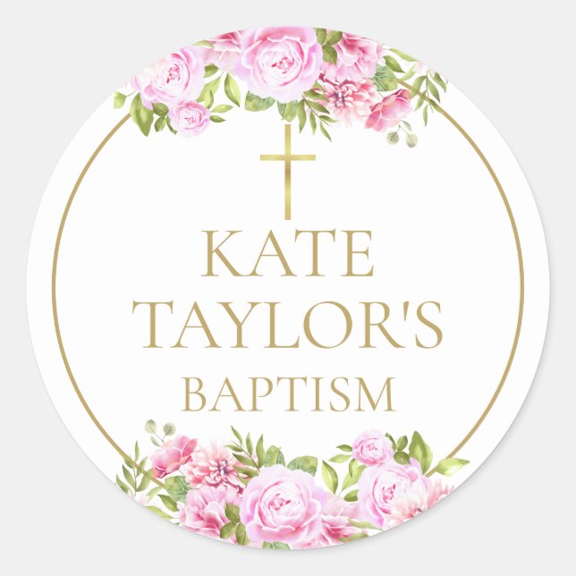 Sticker Rond  Baptism Christening Pink Rose Floral Favor (Devant)