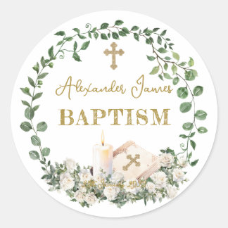 Sticker Rond Baptism Eucalyptus Roses Cross 