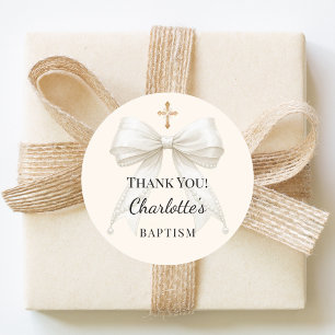 Sticker Rond Baptism ruban perles blanc ivoire croix merci