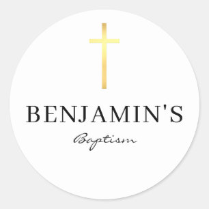 Sticker Rond BAPTISM SEAL moderne mince croix or clair bébé ble