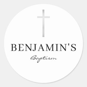 Sticker Rond BAPTISM SEAL moderne mince gris argent croix blanc