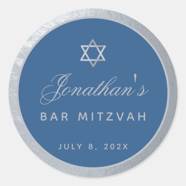Sticker Rond Bar Mitzvah Classic Blue Faux Silver Grey Script (Devant)