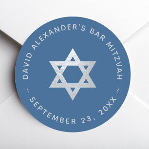 Sticker Rond Bar Mitzvah Étoile de David Bleu Classique Faux Ar