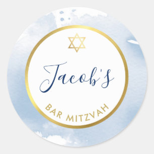 Sticker Rond BAR MITZVAH étoile or smart bleu pâle aquarelle