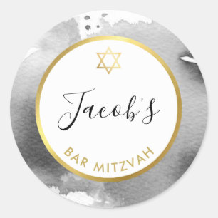 Sticker Rond BAR MITZVAH étoile or smart moody gris aquarelle