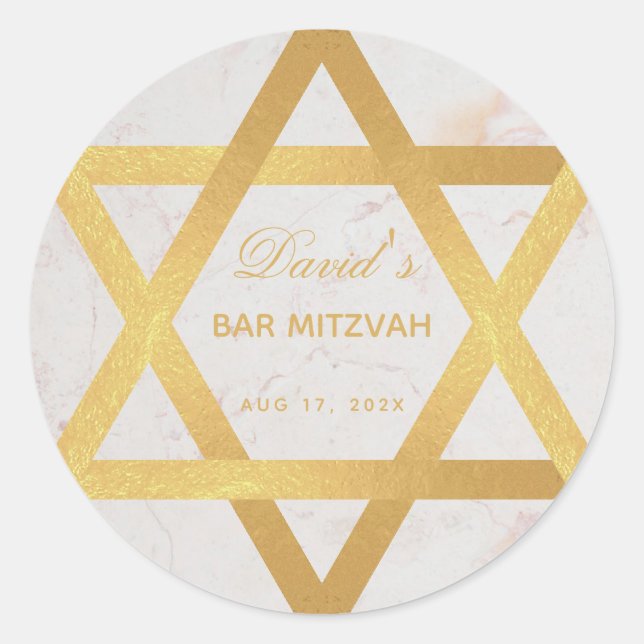 Sticker Rond Bar Mitzvah Faux Gold Star de David Script Marbre (Devant)