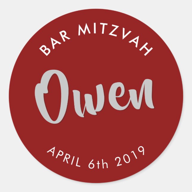 Sticker Rond BAR MITZVAH faveur moderne bordeaux rouge argent (Devant)