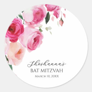 Sticker Rond Bar Mitzvah Floral Moderne Rose