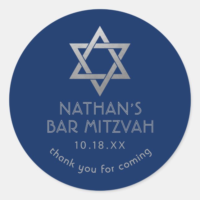 Sticker Rond Bar Mitzvah Marine Blue & Silver Star de David Nom (Devant)