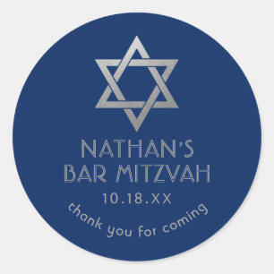Sticker Rond Bar Mitzvah Marine Blue & Silver Star de David Nom