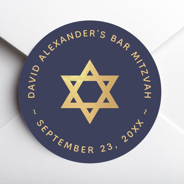 Sticker Rond Bar Mitzvah Navy Blue Faux Gold Foil Star of David (Créateur téléchargé)