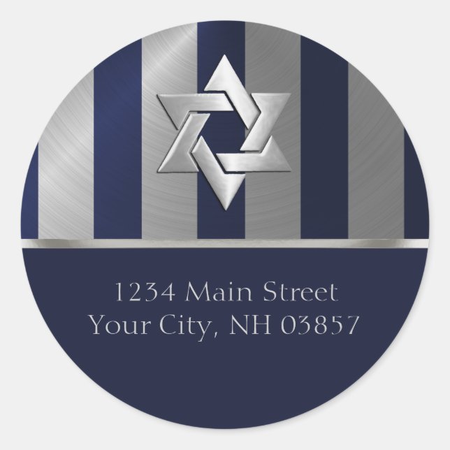 Sticker Rond Bar Mitzvah Navy et Silver Stripe Star de David (Devant)
