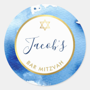 Sticker Rond BAR MITZVAH or étoile smart bleu foncé aquarelle