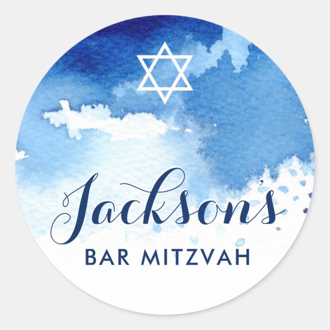 Sticker Rond BAR MITZVAH SEAL blanc étoile smart bleu aquarelle (Devant)