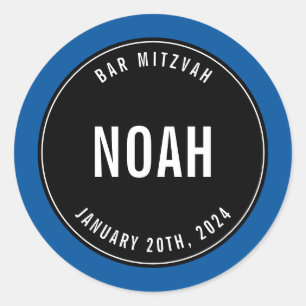 Sticker Rond BAR MITZVAH simple moderne noir clair bleu gris