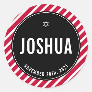 Sticker Rond BAR MITZVAH simple moderne rayure uni rouge noir