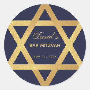 Sticker Rond Bar Mitzvah Star de David Navy Blue Faux Gold Foil