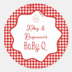 Sticker Rond Barbecue à carreaux rouges Baby-Q Baby Shower 