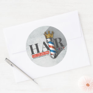 Sticker Rond Barber Hair Shop King Crown Barber Pole Hair Salon