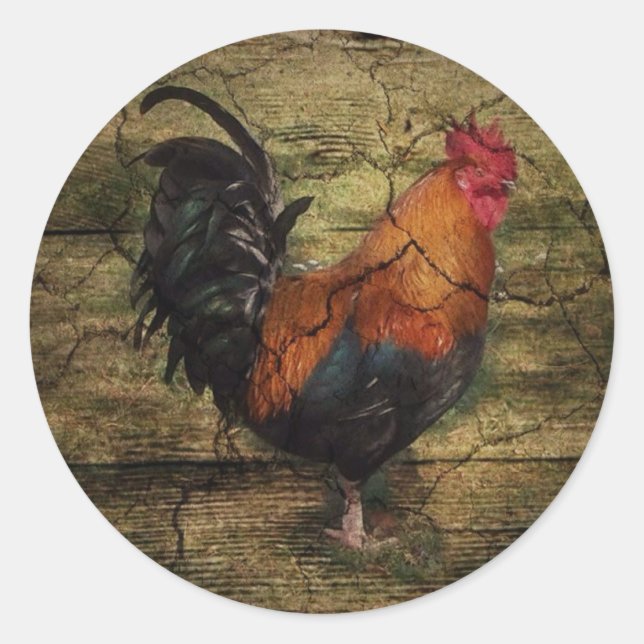 Sticker Rond Barn Wood Chicken french country rooster (Devant)