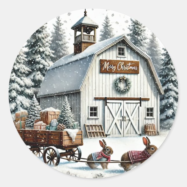 Sticker Rond Barnyard, Lapins tirant chariot avec cadeaux, Hive (Devant)