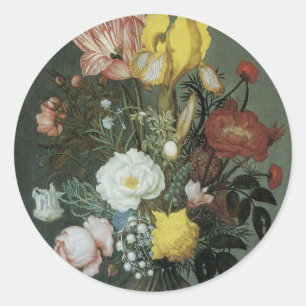 Sticker Rond Baroque vintage, Bouquet de fleurs dans Vase de ve
