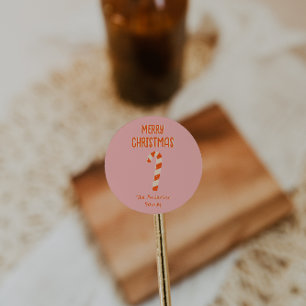 Sticker Rond Barre à bonbons vintage illustrée Joyeux Noël
