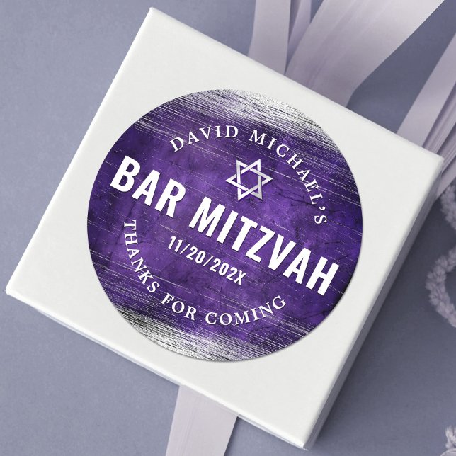 Sticker Rond Barre Mitzvah Moderne Aquarelle violet Silver (Créateur téléchargé)